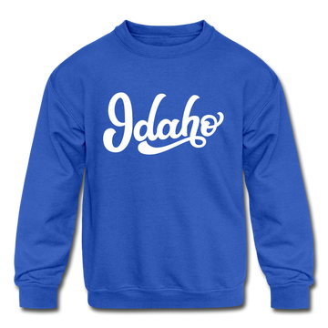 Idaho Youth Sweatshirt - Hand Lettered Youth Idaho Crewneck Sweatshirt - royal blue