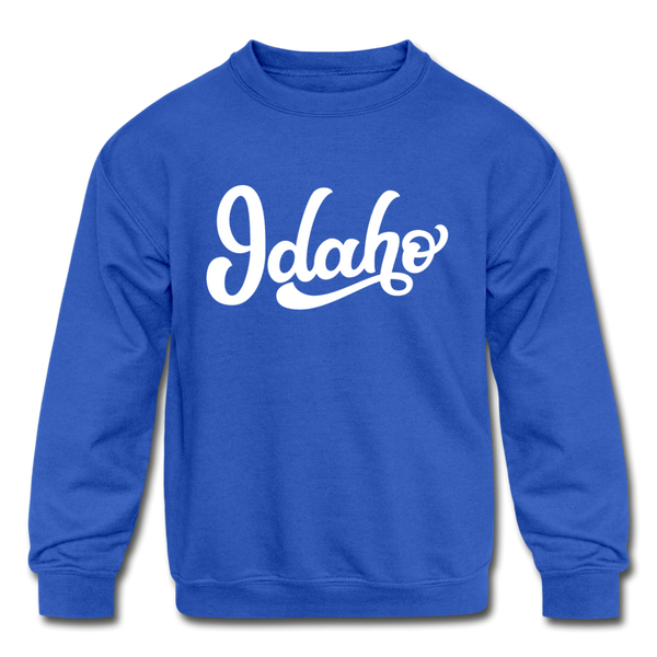 Idaho Youth Sweatshirt - Hand Lettered Youth Idaho Crewneck Sweatshirt - royal blue