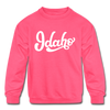 Idaho Youth Sweatshirt - Hand Lettered Youth Idaho Crewneck Sweatshirt - neon pink
