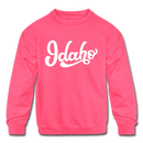Idaho Youth Sweatshirt - Hand Lettered Youth Idaho Crewneck Sweatshirt - neon pink