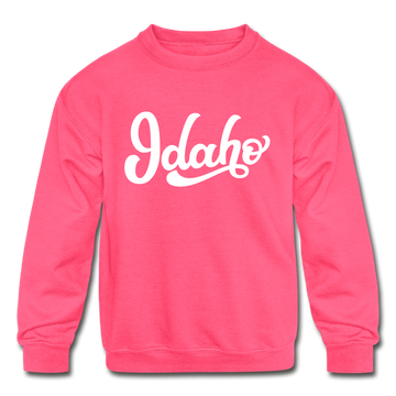 Idaho Youth Sweatshirt - Hand Lettered Youth Idaho Crewneck Sweatshirt - neon pink