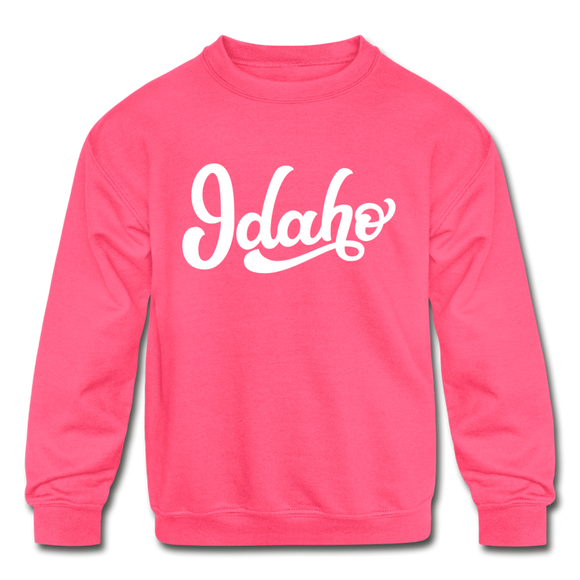 Idaho Youth Sweatshirt - Hand Lettered Youth Idaho Crewneck Sweatshirt - neon pink