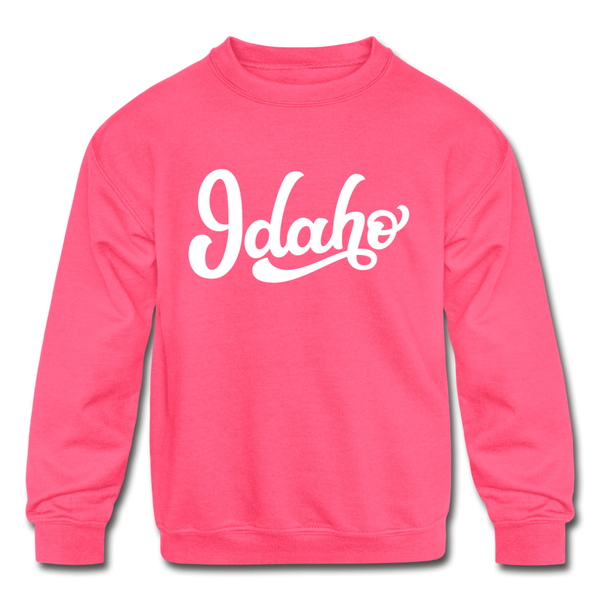 Idaho Youth Sweatshirt - Hand Lettered Youth Idaho Crewneck Sweatshirt - neon pink