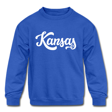 Kansas Youth Sweatshirt - Hand Lettered Youth Kansas Crewneck Sweatshirt - royal blue