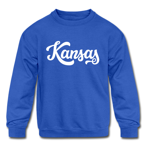 Kansas Youth Sweatshirt - Hand Lettered Youth Kansas Crewneck Sweatshirt - royal blue