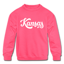 Kansas Youth Sweatshirt - Hand Lettered Youth Kansas Crewneck Sweatshirt - neon pink