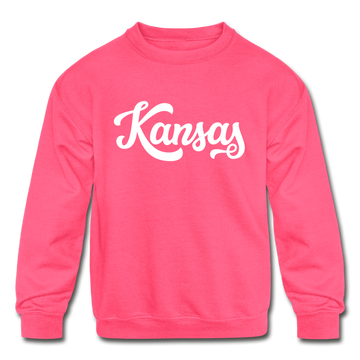 Kansas Youth Sweatshirt - Hand Lettered Youth Kansas Crewneck Sweatshirt - neon pink