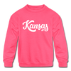 Kansas Youth Sweatshirt - Hand Lettered Youth Kansas Crewneck Sweatshirt - neon pink
