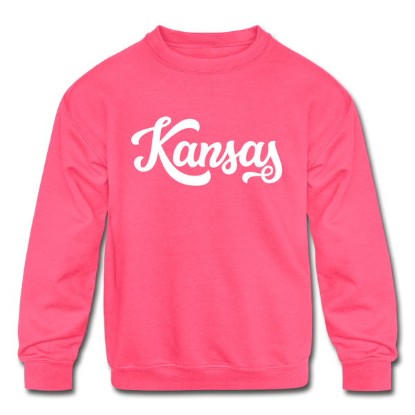 Kansas Youth Sweatshirt - Hand Lettered Youth Kansas Crewneck Sweatshirt - neon pink