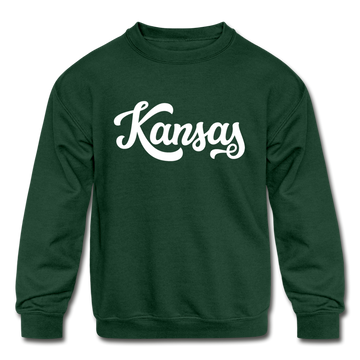 Kansas Youth Sweatshirt - Hand Lettered Youth Kansas Crewneck Sweatshirt - forest green
