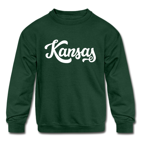 Kansas Youth Sweatshirt - Hand Lettered Youth Kansas Crewneck Sweatshirt - forest green