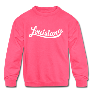 Louisiana Youth Sweatshirt - Hand Lettered Youth Louisiana Crewneck Sweatshirt - neon pink