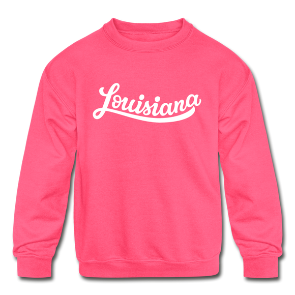 Louisiana Youth Sweatshirt - Hand Lettered Youth Louisiana Crewneck Sweatshirt - neon pink