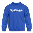 Massachusetts Youth Sweatshirt - Hand Lettered Youth Massachusetts Crewneck Sweatshirt - royal blue