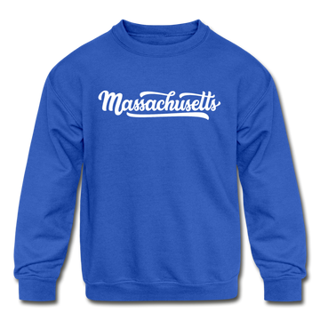 Massachusetts Youth Sweatshirt - Hand Lettered Youth Massachusetts Crewneck Sweatshirt - royal blue