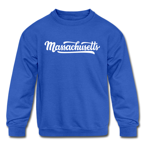 Massachusetts Youth Sweatshirt - Hand Lettered Youth Massachusetts Crewneck Sweatshirt - royal blue
