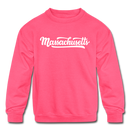 Massachusetts Youth Sweatshirt - Hand Lettered Youth Massachusetts Crewneck Sweatshirt - neon pink