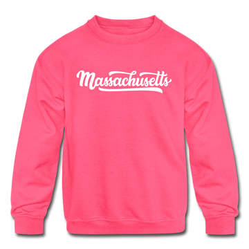 Massachusetts Youth Sweatshirt - Hand Lettered Youth Massachusetts Crewneck Sweatshirt - neon pink