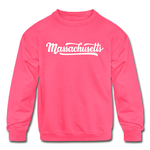 Massachusetts Youth Sweatshirt - Hand Lettered Youth Massachusetts Crewneck Sweatshirt - neon pink