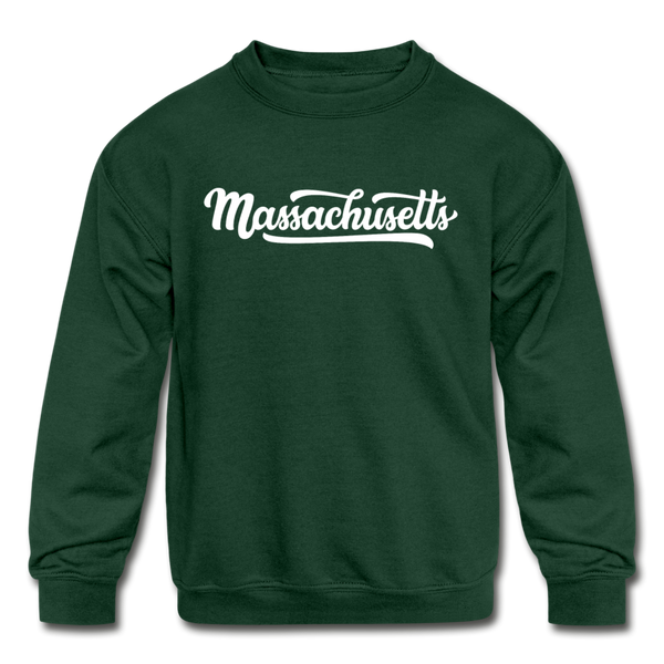 Massachusetts Youth Sweatshirt - Hand Lettered Youth Massachusetts Crewneck Sweatshirt - forest green
