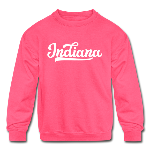 Indiana Youth Sweatshirt - Hand Lettered Youth Indiana Crewneck Sweatshirt - neon pink