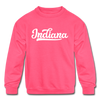 Indiana Youth Sweatshirt - Hand Lettered Youth Indiana Crewneck Sweatshirt - neon pink