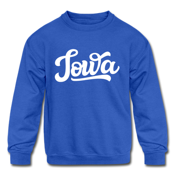 Iowa Youth Sweatshirt - Hand Lettered Youth Iowa Crewneck Sweatshirt - royal blue
