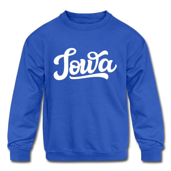 Iowa Youth Sweatshirt - Hand Lettered Youth Iowa Crewneck Sweatshirt - royal blue