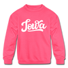 Iowa Youth Sweatshirt - Hand Lettered Youth Iowa Crewneck Sweatshirt - neon pink