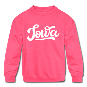 Iowa Youth Sweatshirt - Hand Lettered Youth Iowa Crewneck Sweatshirt - neon pink