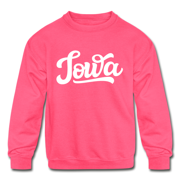 Iowa Youth Sweatshirt - Hand Lettered Youth Iowa Crewneck Sweatshirt - neon pink