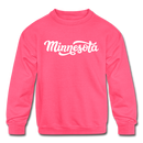 Minnesota Youth Sweatshirt - Hand Lettered Youth Minnesota Crewneck Sweatshirt - neon pink