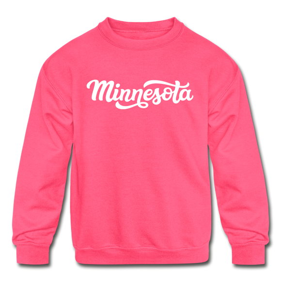 Minnesota Youth Sweatshirt - Hand Lettered Youth Minnesota Crewneck Sweatshirt - neon pink