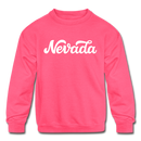 Nevada Youth Sweatshirt - Hand Lettered Youth Nevada Crewneck Sweatshirt - neon pink