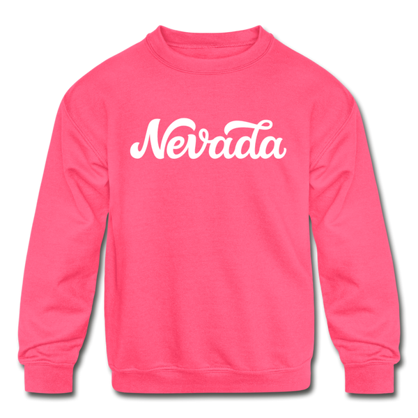 Nevada Youth Sweatshirt - Hand Lettered Youth Nevada Crewneck Sweatshirt - neon pink