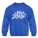 New Jersey Youth Sweatshirt - Hand Lettered Youth New Jersey Crewneck Sweatshirt - royal blue