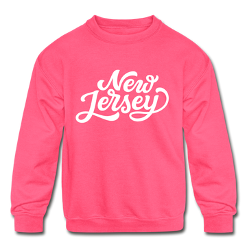 New Jersey Youth Sweatshirt - Hand Lettered Youth New Jersey Crewneck Sweatshirt - neon pink