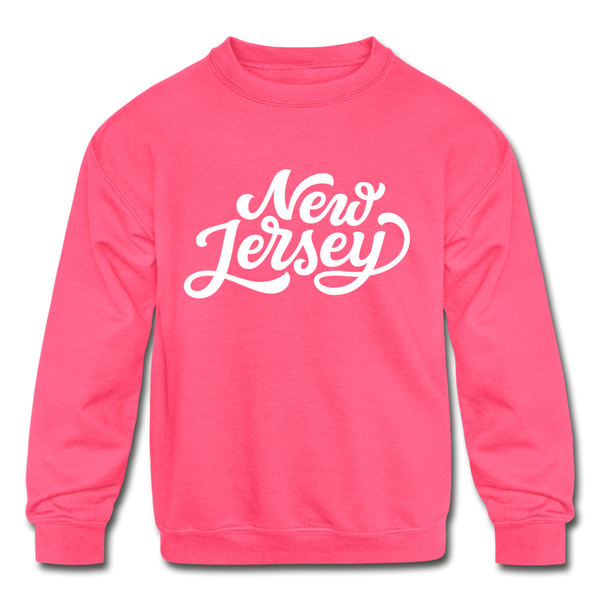 New Jersey Youth Sweatshirt - Hand Lettered Youth New Jersey Crewneck Sweatshirt - neon pink