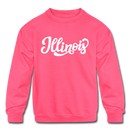 Illinois Youth Sweatshirt - Hand Lettered Youth Illinois Crewneck Sweatshirt - neon pink