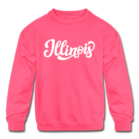Illinois Youth Sweatshirt - Hand Lettered Youth Illinois Crewneck Sweatshirt - neon pink