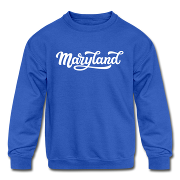 Maryland Youth Sweatshirt - Hand Lettered Youth Maryland Crewneck Sweatshirt - royal blue