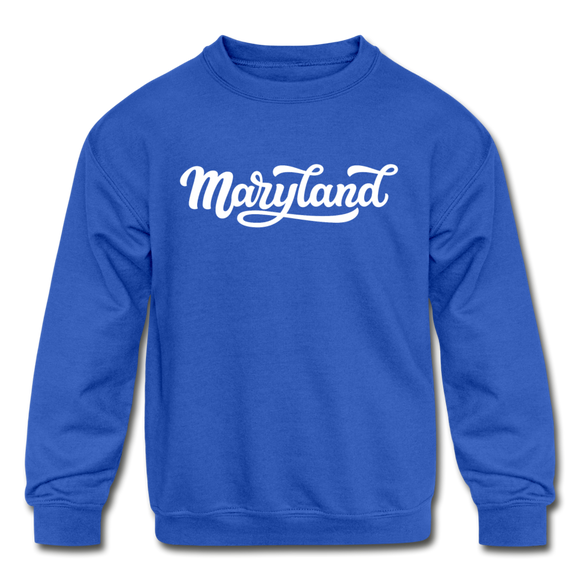 Maryland Youth Sweatshirt - Hand Lettered Youth Maryland Crewneck Sweatshirt - royal blue
