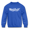 Maryland Youth Sweatshirt - Hand Lettered Youth Maryland Crewneck Sweatshirt - royal blue