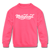 Maryland Youth Sweatshirt - Hand Lettered Youth Maryland Crewneck Sweatshirt - neon pink
