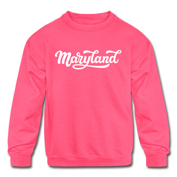 Maryland Youth Sweatshirt - Hand Lettered Youth Maryland Crewneck Sweatshirt - neon pink