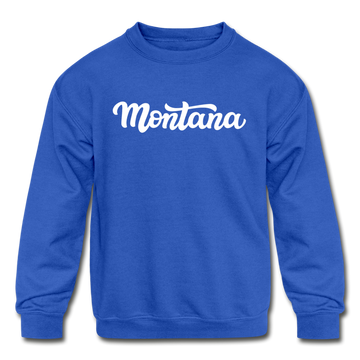 Montana Youth Sweatshirt - Hand Lettered Youth Montana Crewneck Sweatshirt - royal blue