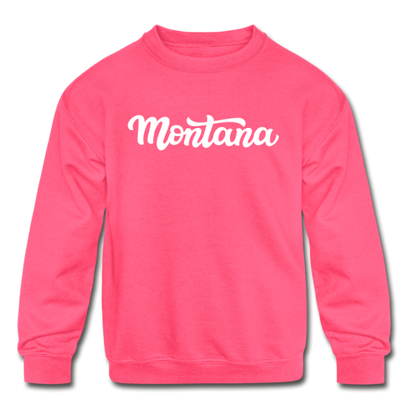 Montana Youth Sweatshirt - Hand Lettered Youth Montana Crewneck Sweatshirt - neon pink