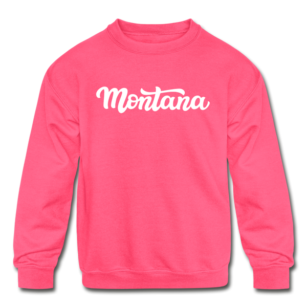 Montana Youth Sweatshirt - Hand Lettered Youth Montana Crewneck Sweatshirt - neon pink
