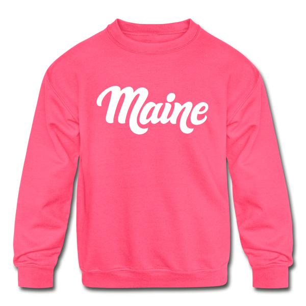 Maine Youth Sweatshirt - Hand Lettered Youth Maine Crewneck Sweatshirt - neon pink