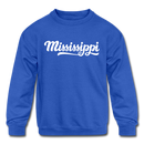 Mississippi Youth Sweatshirt - Hand Lettered Youth Mississippi Crewneck Sweatshirt - royal blue